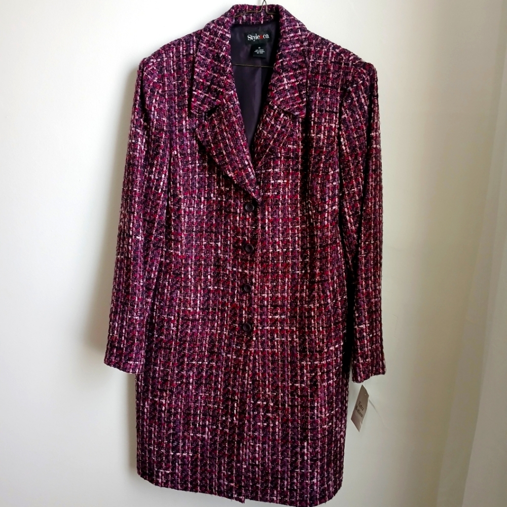 Style & Co Tweed Coat Textured Fabric Classic Aubergine Purple Women's Size 16